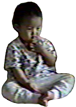 fuzzy pixelated image of sohyeon as a child, taken from a home video, probably in South Korea in 1998 or so. she looks like a little lumpy potato and is sitting on a couch, watching the television.